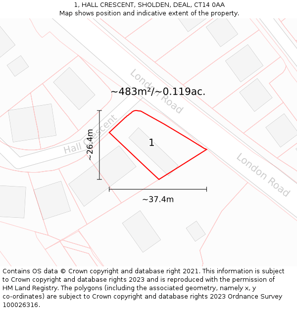 1, HALL CRESCENT, SHOLDEN, DEAL, CT14 0AA: Plot and title map
