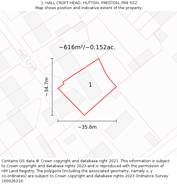 1, HALL CROFT HEAD, HUTTON, PRESTON, PR4 5SZ: Plot and title map