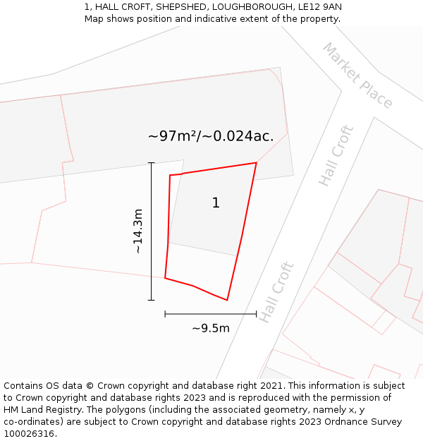 1, HALL CROFT, SHEPSHED, LOUGHBOROUGH, LE12 9AN: Plot and title map