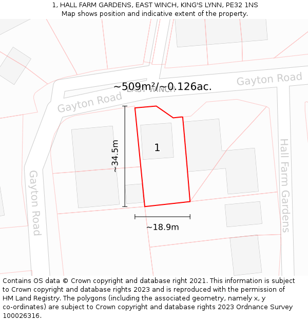 1, HALL FARM GARDENS, EAST WINCH, KING'S LYNN, PE32 1NS: Plot and title map