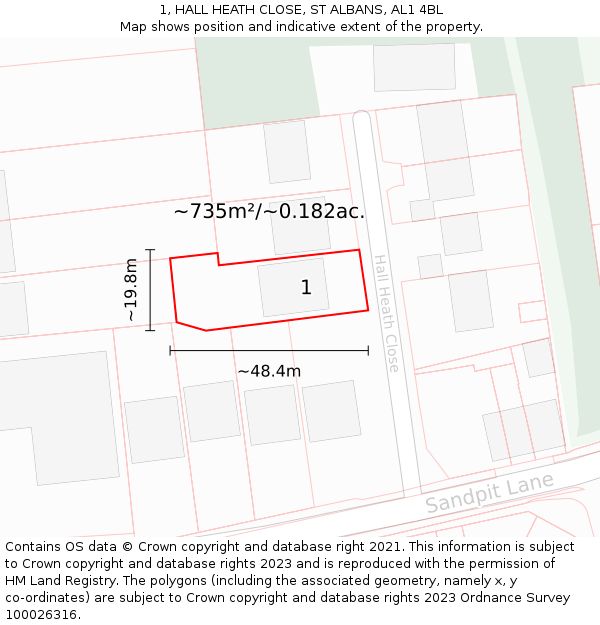 1, HALL HEATH CLOSE, ST ALBANS, AL1 4BL: Plot and title map