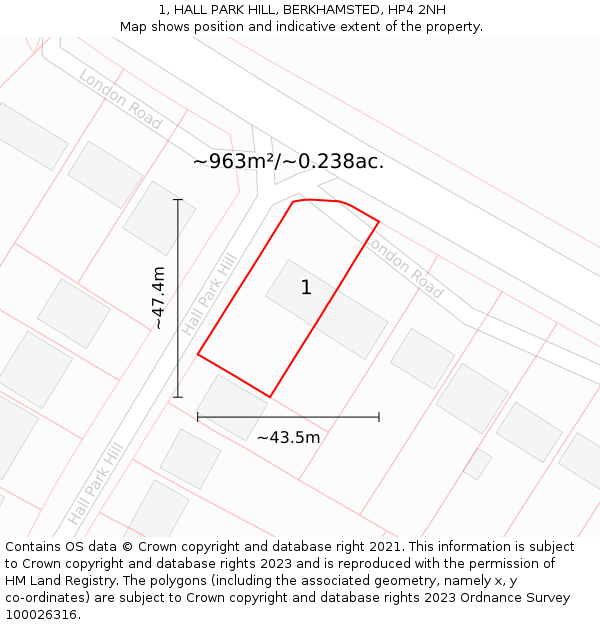 1, HALL PARK HILL, BERKHAMSTED, HP4 2NH: Plot and title map