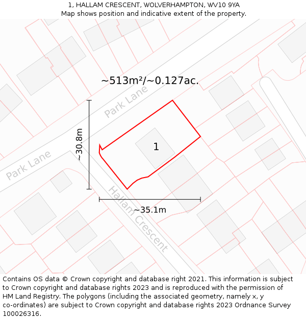 1, HALLAM CRESCENT, WOLVERHAMPTON, WV10 9YA: Plot and title map