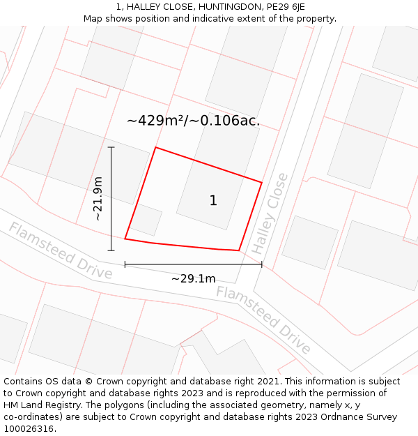 1, HALLEY CLOSE, HUNTINGDON, PE29 6JE: Plot and title map