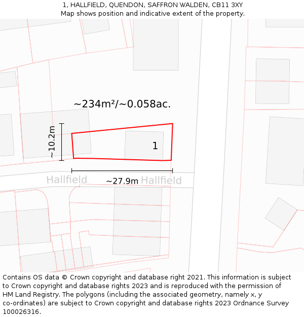 1, HALLFIELD, QUENDON, SAFFRON WALDEN, CB11 3XY: Plot and title map