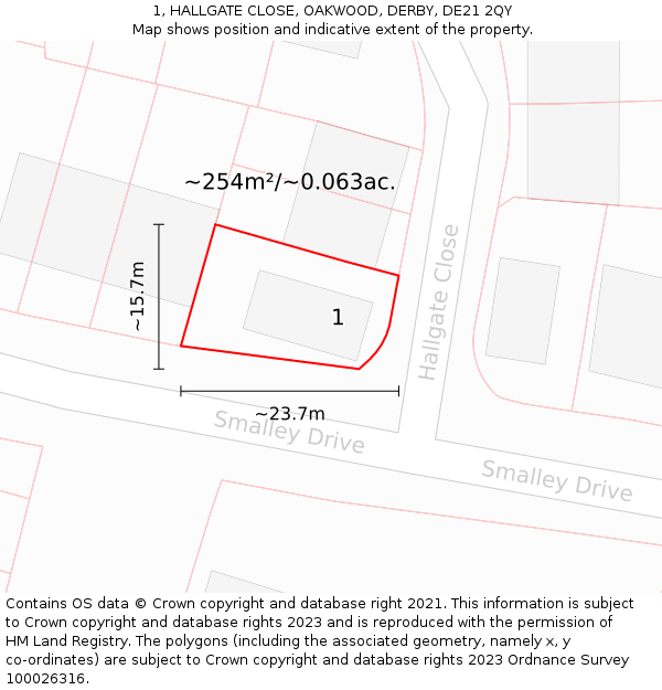 1, HALLGATE CLOSE, OAKWOOD, DERBY, DE21 2QY: Plot and title map