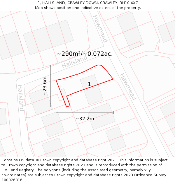 1, HALLSLAND, CRAWLEY DOWN, CRAWLEY, RH10 4XZ: Plot and title map