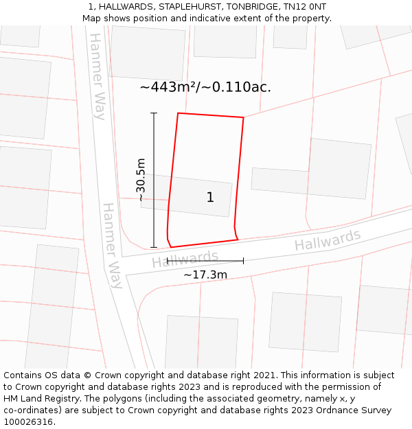 1, HALLWARDS, STAPLEHURST, TONBRIDGE, TN12 0NT: Plot and title map
