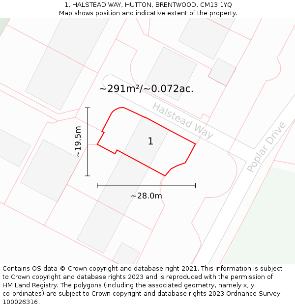 1, HALSTEAD WAY, HUTTON, BRENTWOOD, CM13 1YQ: Plot and title map