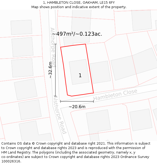 1, HAMBLETON CLOSE, OAKHAM, LE15 6FY: Plot and title map