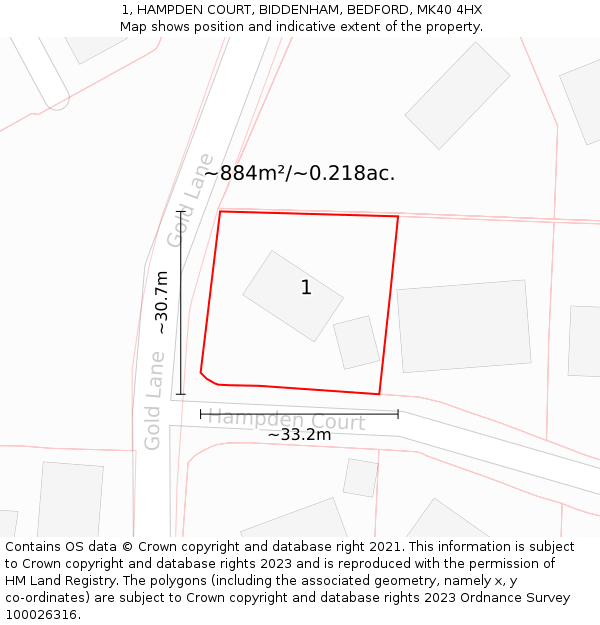 1, HAMPDEN COURT, BIDDENHAM, BEDFORD, MK40 4HX: Plot and title map
