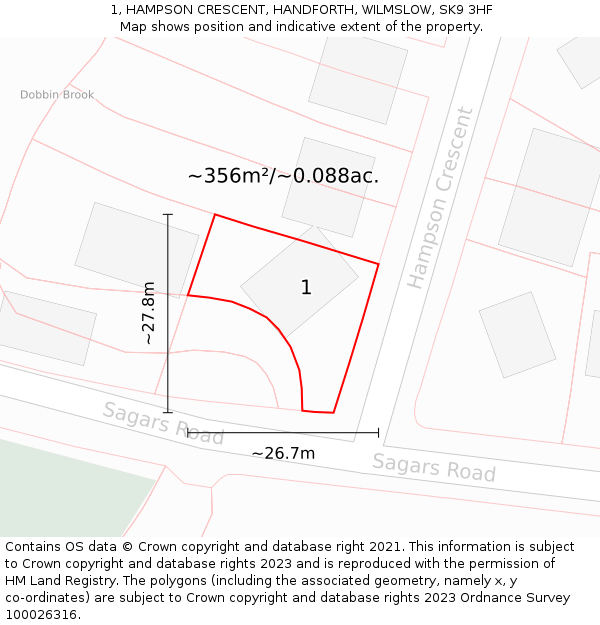 1, HAMPSON CRESCENT, HANDFORTH, WILMSLOW, SK9 3HF: Plot and title map