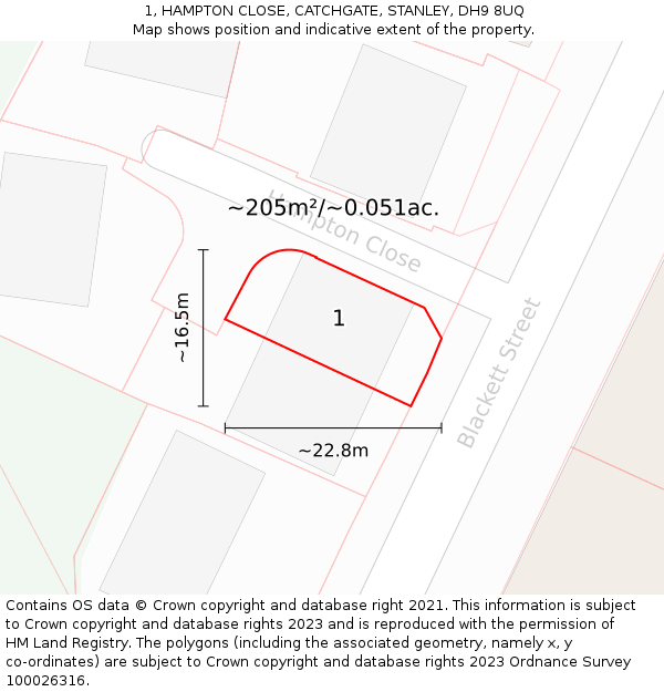 1, HAMPTON CLOSE, CATCHGATE, STANLEY, DH9 8UQ: Plot and title map