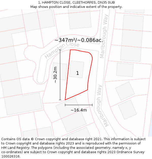 1, HAMPTON CLOSE, CLEETHORPES, DN35 0UB: Plot and title map