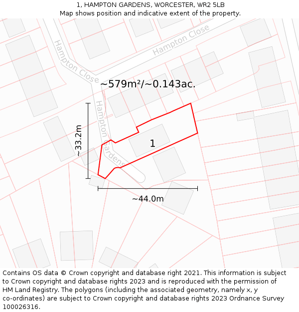 1, HAMPTON GARDENS, WORCESTER, WR2 5LB: Plot and title map