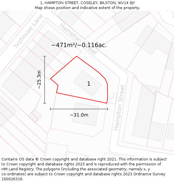 1, HAMPTON STREET, COSELEY, BILSTON, WV14 9JY: Plot and title map