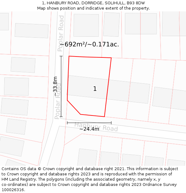 1, HANBURY ROAD, DORRIDGE, SOLIHULL, B93 8DW: Plot and title map