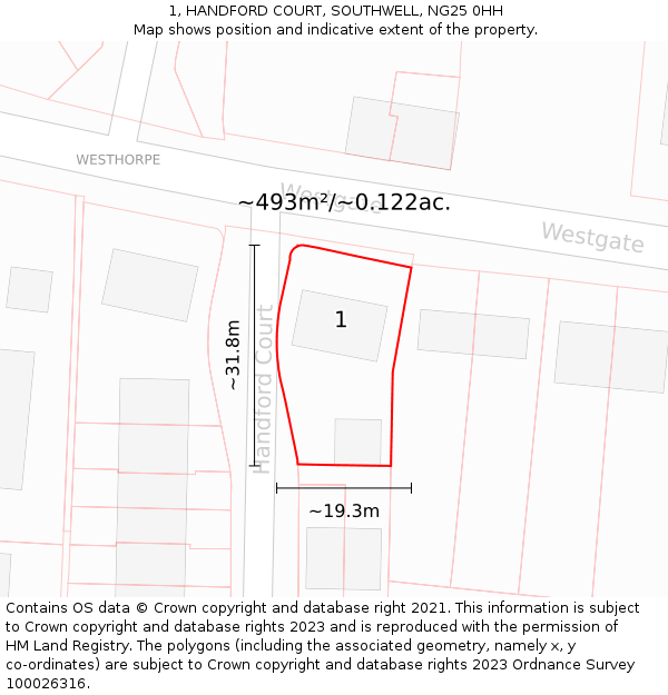 1, HANDFORD COURT, SOUTHWELL, NG25 0HH: Plot and title map