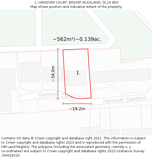 1, HANOVER COURT, BISHOP AUCKLAND, DL14 6EG: Plot and title map