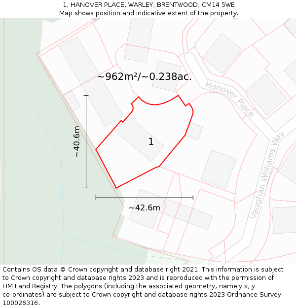 1, HANOVER PLACE, WARLEY, BRENTWOOD, CM14 5WE: Plot and title map