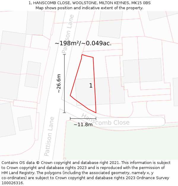 1, HANSCOMB CLOSE, WOOLSTONE, MILTON KEYNES, MK15 0BS: Plot and title map