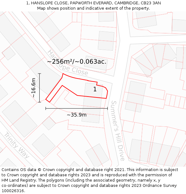 1, HANSLOPE CLOSE, PAPWORTH EVERARD, CAMBRIDGE, CB23 3AN: Plot and title map