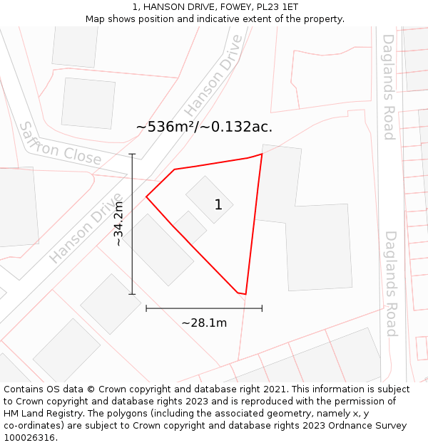 1, HANSON DRIVE, FOWEY, PL23 1ET: Plot and title map