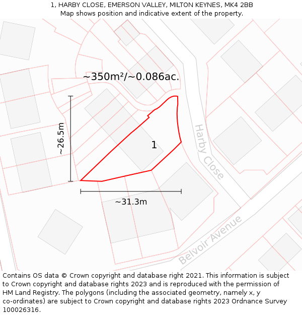 1, HARBY CLOSE, EMERSON VALLEY, MILTON KEYNES, MK4 2BB: Plot and title map