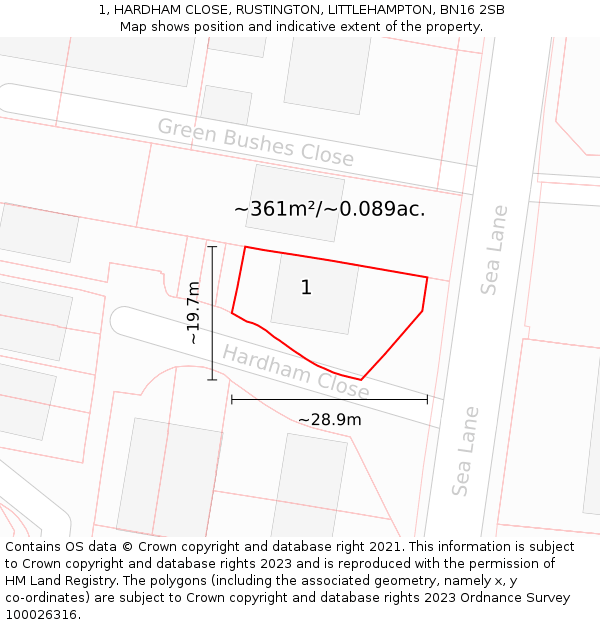 1, HARDHAM CLOSE, RUSTINGTON, LITTLEHAMPTON, BN16 2SB: Plot and title map