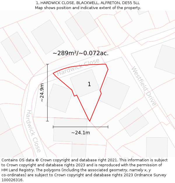 1, HARDWICK CLOSE, BLACKWELL, ALFRETON, DE55 5LL: Plot and title map