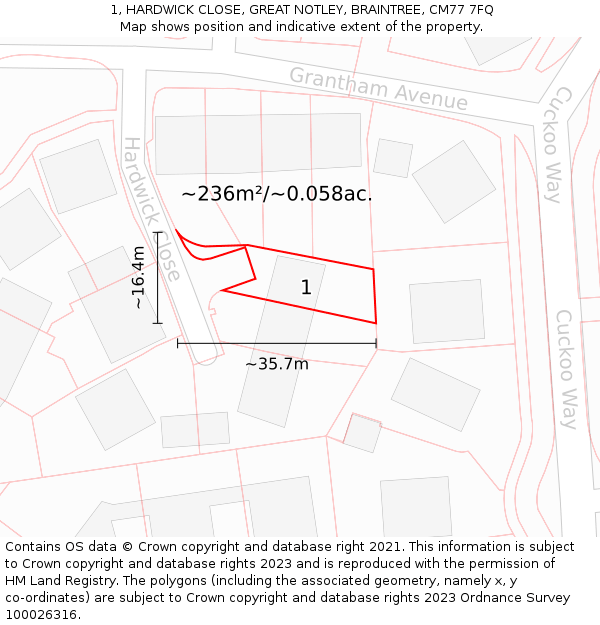 1, HARDWICK CLOSE, GREAT NOTLEY, BRAINTREE, CM77 7FQ: Plot and title map