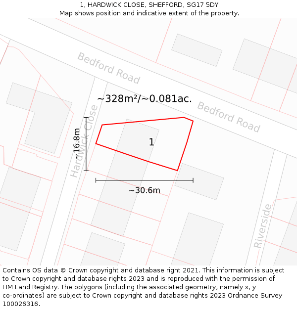 1, HARDWICK CLOSE, SHEFFORD, SG17 5DY: Plot and title map