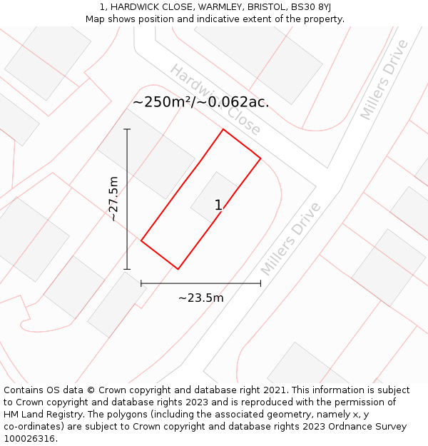 1, HARDWICK CLOSE, WARMLEY, BRISTOL, BS30 8YJ: Plot and title map