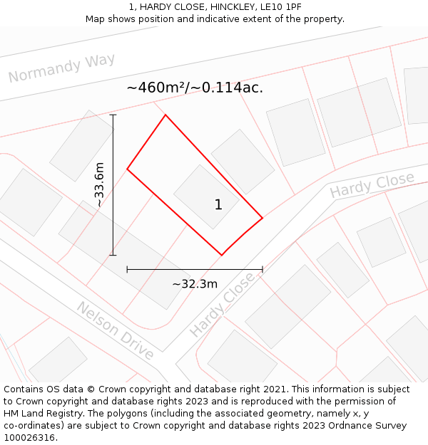 1, HARDY CLOSE, HINCKLEY, LE10 1PF: Plot and title map