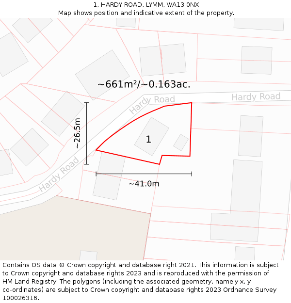 1, HARDY ROAD, LYMM, WA13 0NX: Plot and title map