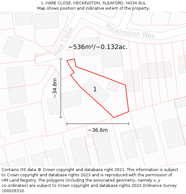 1, HARE CLOSE, HECKINGTON, SLEAFORD, NG34 9UL: Plot and title map