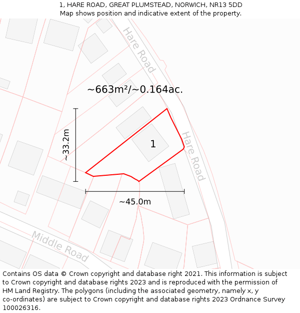 1, HARE ROAD, GREAT PLUMSTEAD, NORWICH, NR13 5DD: Plot and title map