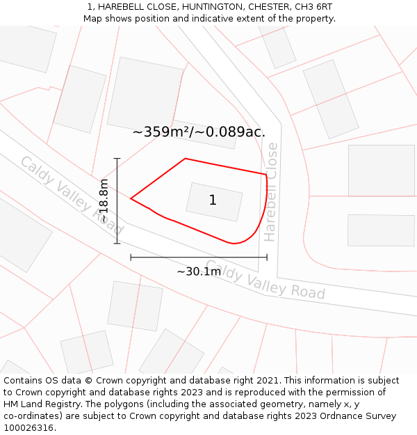 1, HAREBELL CLOSE, HUNTINGTON, CHESTER, CH3 6RT: Plot and title map