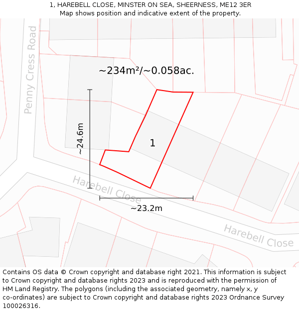 1, HAREBELL CLOSE, MINSTER ON SEA, SHEERNESS, ME12 3ER: Plot and title map