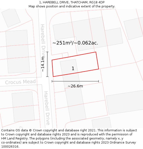 1, HAREBELL DRIVE, THATCHAM, RG18 4DP: Plot and title map
