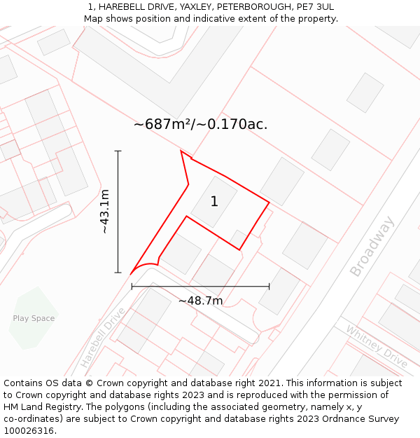 1, HAREBELL DRIVE, YAXLEY, PETERBOROUGH, PE7 3UL: Plot and title map