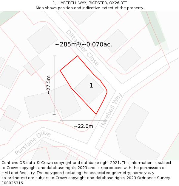 1, HAREBELL WAY, BICESTER, OX26 3TT: Plot and title map