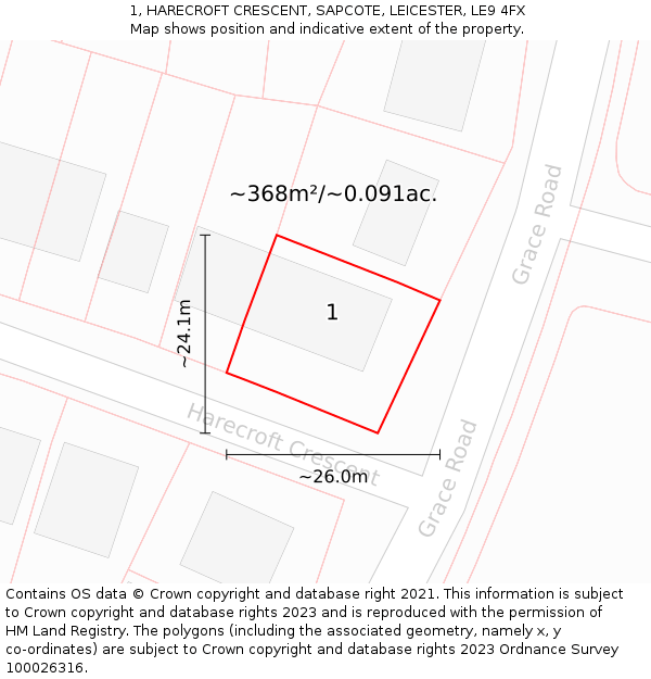 1, HARECROFT CRESCENT, SAPCOTE, LEICESTER, LE9 4FX: Plot and title map