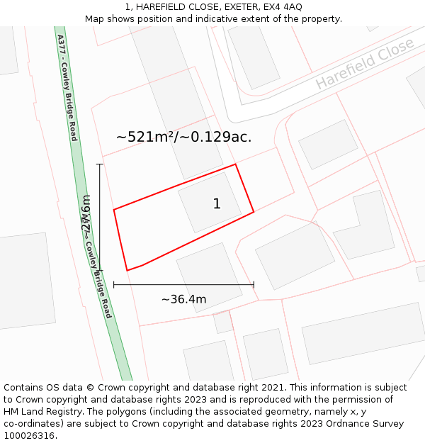 1, HAREFIELD CLOSE, EXETER, EX4 4AQ: Plot and title map