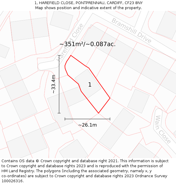 1, HAREFIELD CLOSE, PONTPRENNAU, CARDIFF, CF23 8NY: Plot and title map