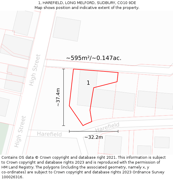 1, HAREFIELD, LONG MELFORD, SUDBURY, CO10 9DE: Plot and title map