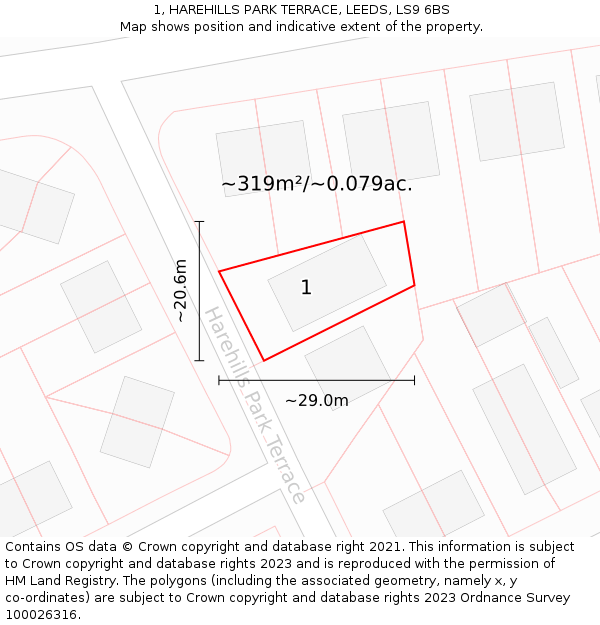 1, HAREHILLS PARK TERRACE, LEEDS, LS9 6BS: Plot and title map