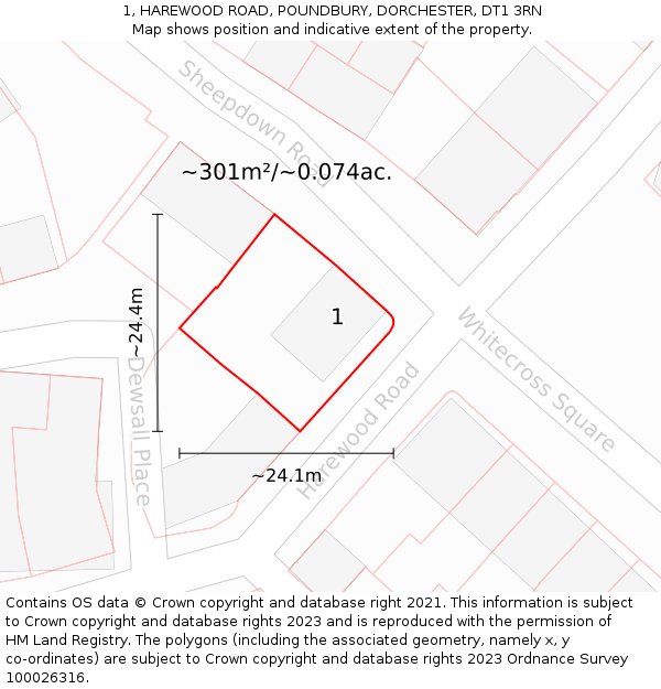 1, HAREWOOD ROAD, POUNDBURY, DORCHESTER, DT1 3RN: Plot and title map