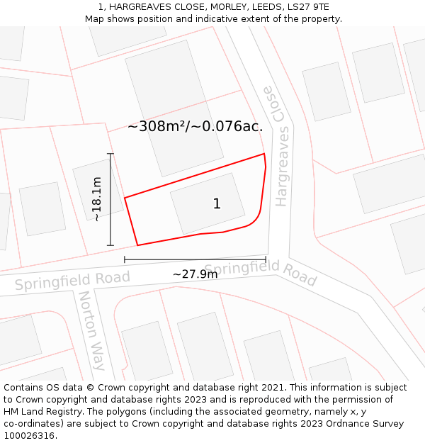 1, HARGREAVES CLOSE, MORLEY, LEEDS, LS27 9TE: Plot and title map
