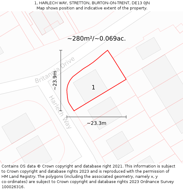 1, HARLECH WAY, STRETTON, BURTON-ON-TRENT, DE13 0JN: Plot and title map
